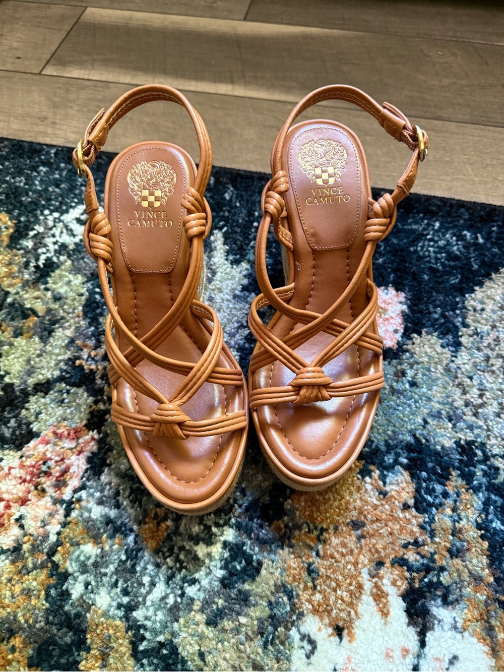 Vince Camuto Cognac Strappy Knot Wedge Sandals